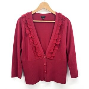 Nine West Women XL Red Cardigan Crop Floral Petals 3/4 Sleeve Deep V-neck Layers